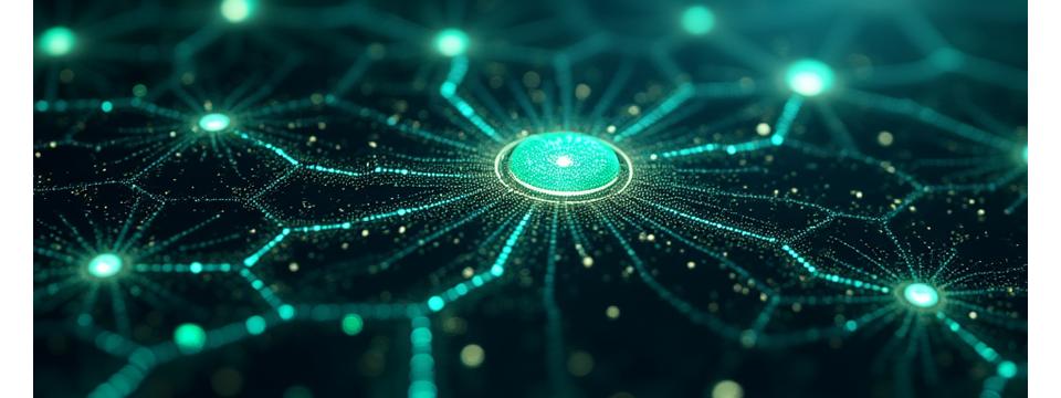 Un réseau neuronal stylisé avec des points lumineux, interconnecté par des lignes sécurisées et protégé par une superposition de boucliers et de cadenas, représentant la sécurité des données de santé. Dominante de couleurs bleu foncé et vert forêt.